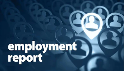 Employment report graphic featuring interconnected user profile icons with one highlighted in a location pin marker on blue background