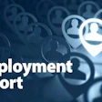 Employment report concept with interconnected user icons and location pin on blue background