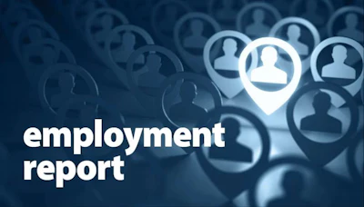 Employment report concept with interconnected user icons and location pin on blue background
