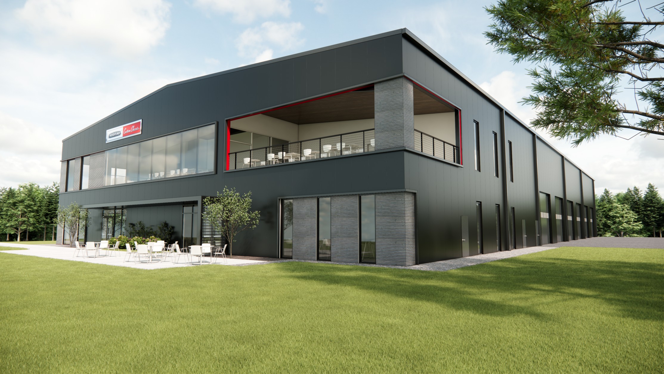 Modern two-story dark gray residential building with large windows, terrace, and manicured lawn