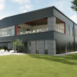 Modern two-story dark gray residential building with large windows, terrace, and manicured lawn