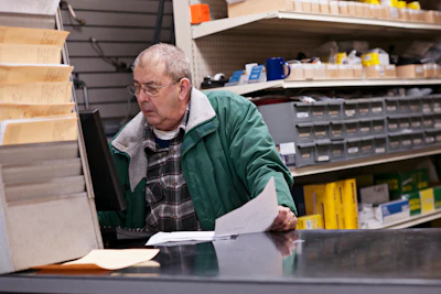 Older man in green jacket examining material samples at hardware store counter with shelves of products behind him