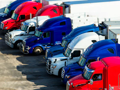 Fleet of red and blue semi-trucks lined up at a transportation depot with chrome details and industrial buildings in background