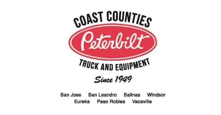 Coast Counties Peterbilt truck and equipment dealership logo since 1949 with locations in San Jose, San Leandro, Salinas, Windsor, Eureka, Paso Robles, and Vacaville
