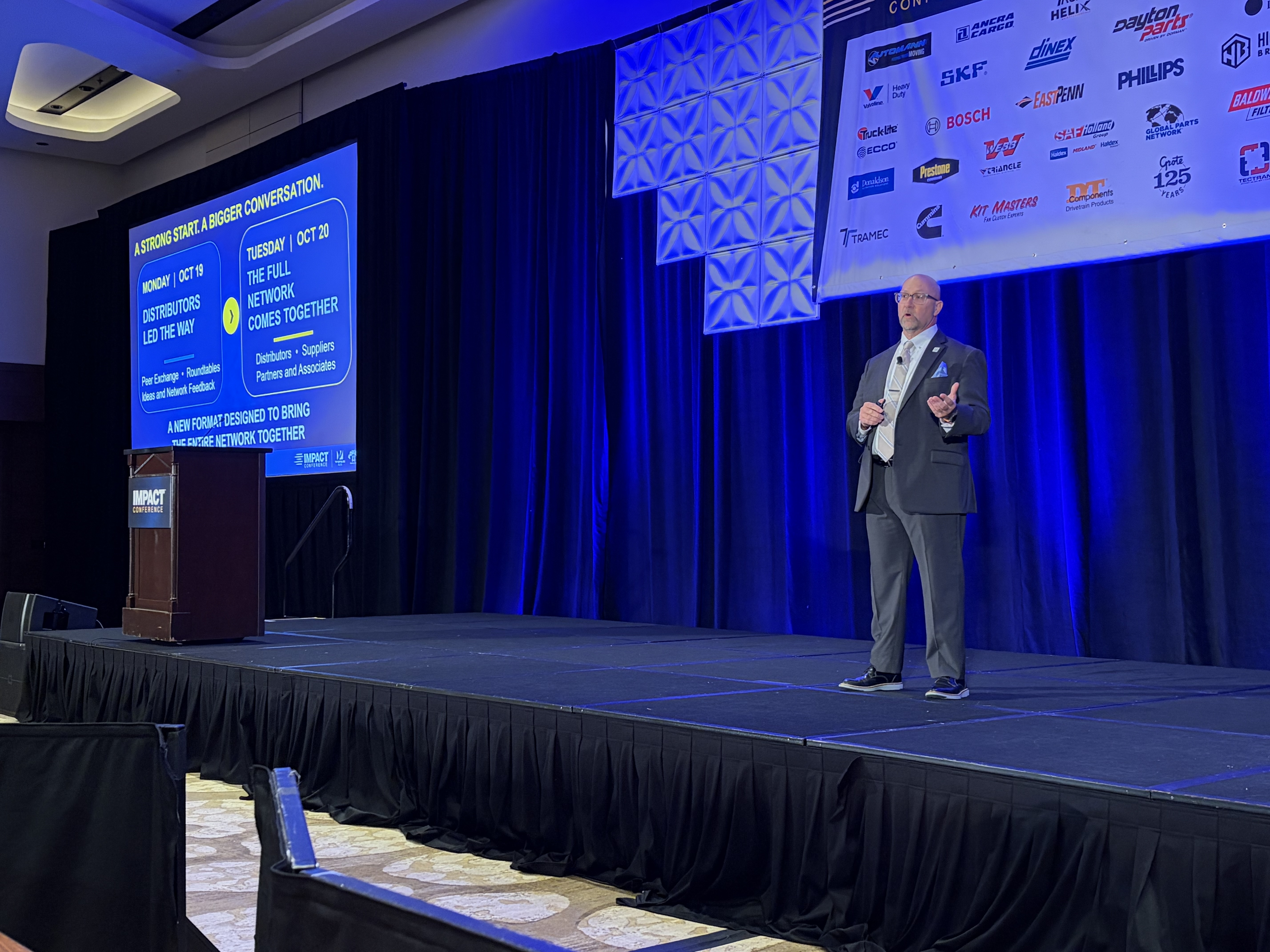 VIPAR Heavy Duty Executive Vice President Jeff Paul speaks during the general session at the 2026 IMPACT Conference Tuesday in Marco Island, Fla.