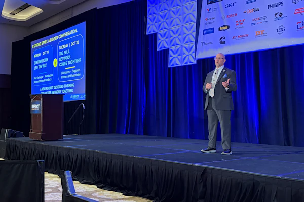 VIPAR Heavy Duty Executive Vice President Jeff Paul speaks during the general session at the 2026 IMPACT Conference Tuesday in Marco Island, Fla.