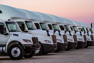 Fleet of white International commercial trucks lined up in a row at sunset