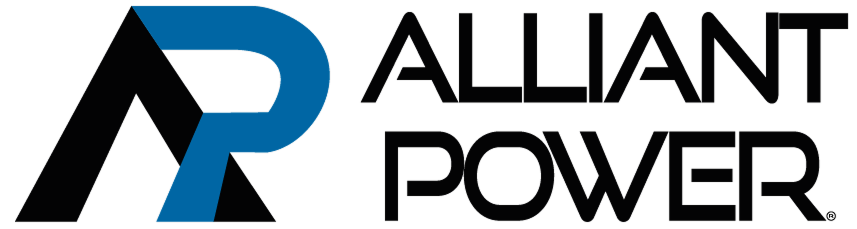Alliant Power logo featuring geometric black and blue symbol with company name in bold black text