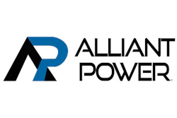 Alliant Power logo featuring geometric black and blue symbol with company name in bold black text