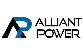 Alliant Power logo featuring geometric black and blue symbol with company name in bold black text