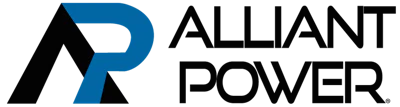 Alliant Power logo featuring geometric black and blue symbol with company name in bold black text