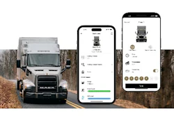 Mack Trucks delivery vehicle with mobile app interface screens showing vehicle tracking and fleet management features