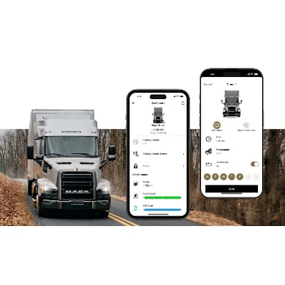 Mack Trucks delivery vehicle with mobile app interface screens showing vehicle tracking and fleet management features