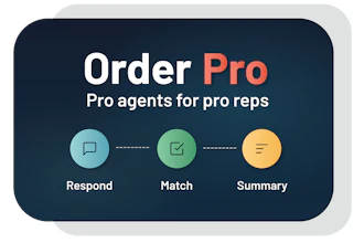 OrderPro logo: Pro agents for pro reps service flow showing Respond, Match, and Summary steps