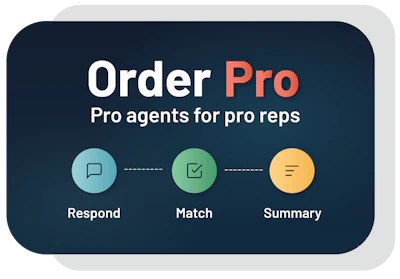 OrderPro logo: Pro agents for pro reps service flow showing Respond, Match, and Summary steps