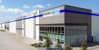 PACCAR Parts modern warehouse facility with blue and white branding on gray industrial building exterior