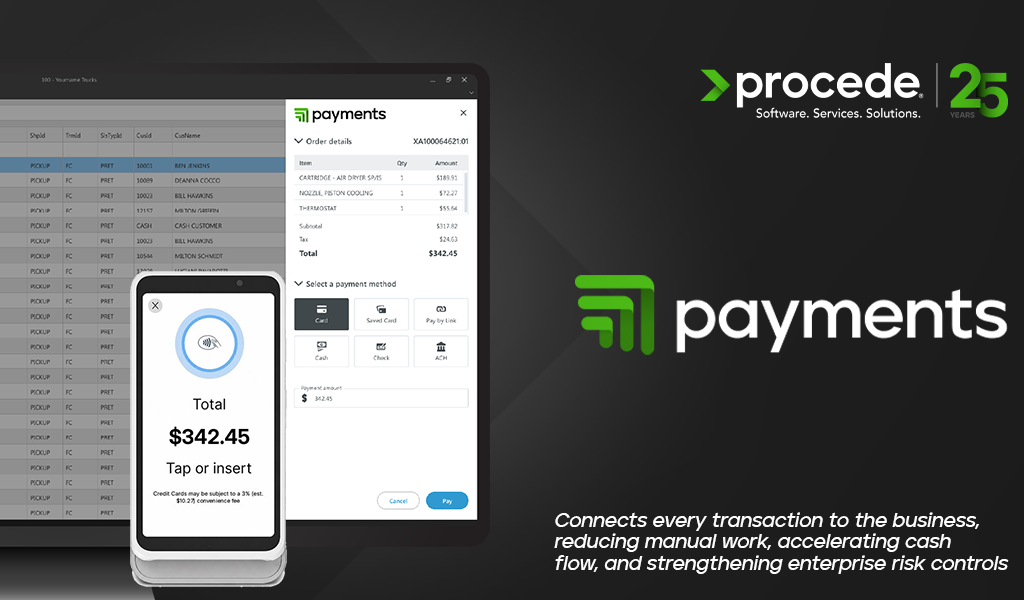 Procede Payments software interface showing mobile payment processing with $342.45 transaction total and desktop dashboard