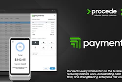 Procede Payments software interface showing mobile payment processing with $342.45 transaction total and desktop dashboard