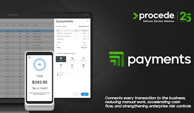 Procede Payments software interface showing mobile payment processing with $342.45 transaction total and desktop dashboard