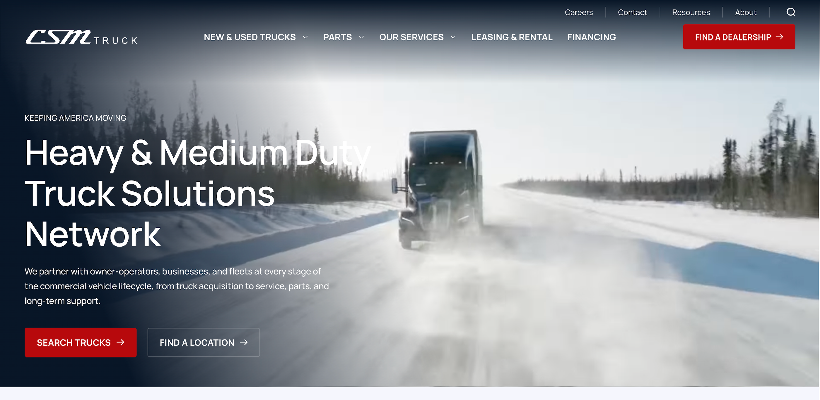 LSM Truck website homepage featuring a semi-truck driving on snowy highway with heavy and medium-duty truck solutions network tagline