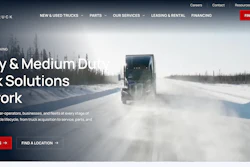 LSM Truck website homepage featuring a semi-truck driving on snowy highway with heavy and medium-duty truck solutions network tagline