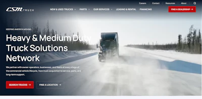 LSM Truck website homepage featuring a semi-truck driving on snowy highway with heavy and medium-duty truck solutions network tagline
