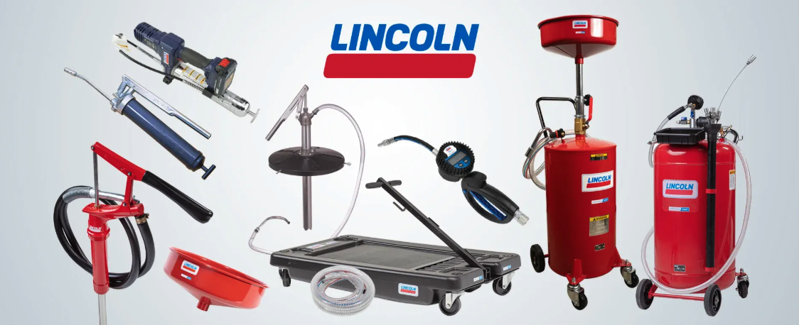 Lincoln automotive service equipment collection including hydraulic jacks, oil drains, creepers, and fluid extractors on white background