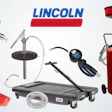 Lincoln automotive service equipment collection including hydraulic jacks, oil drains, creepers, and fluid extractors on white background
