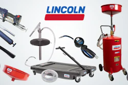 Lincoln automotive service equipment collection including hydraulic jacks, oil drains, creepers, and fluid extractors on white background