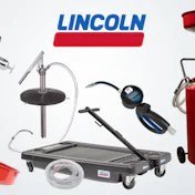 Lincoln automotive service equipment collection including hydraulic jacks, oil drains, creepers, and fluid extractors on white background