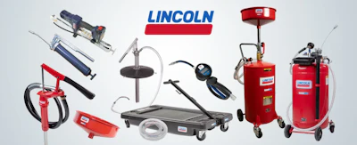 Lincoln automotive service equipment collection including hydraulic jacks, oil drains, creepers, and fluid extractors on white background