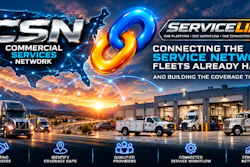 CSN and ServiceLink commercial fleet management service network promotional banner featuring trucks and service facility