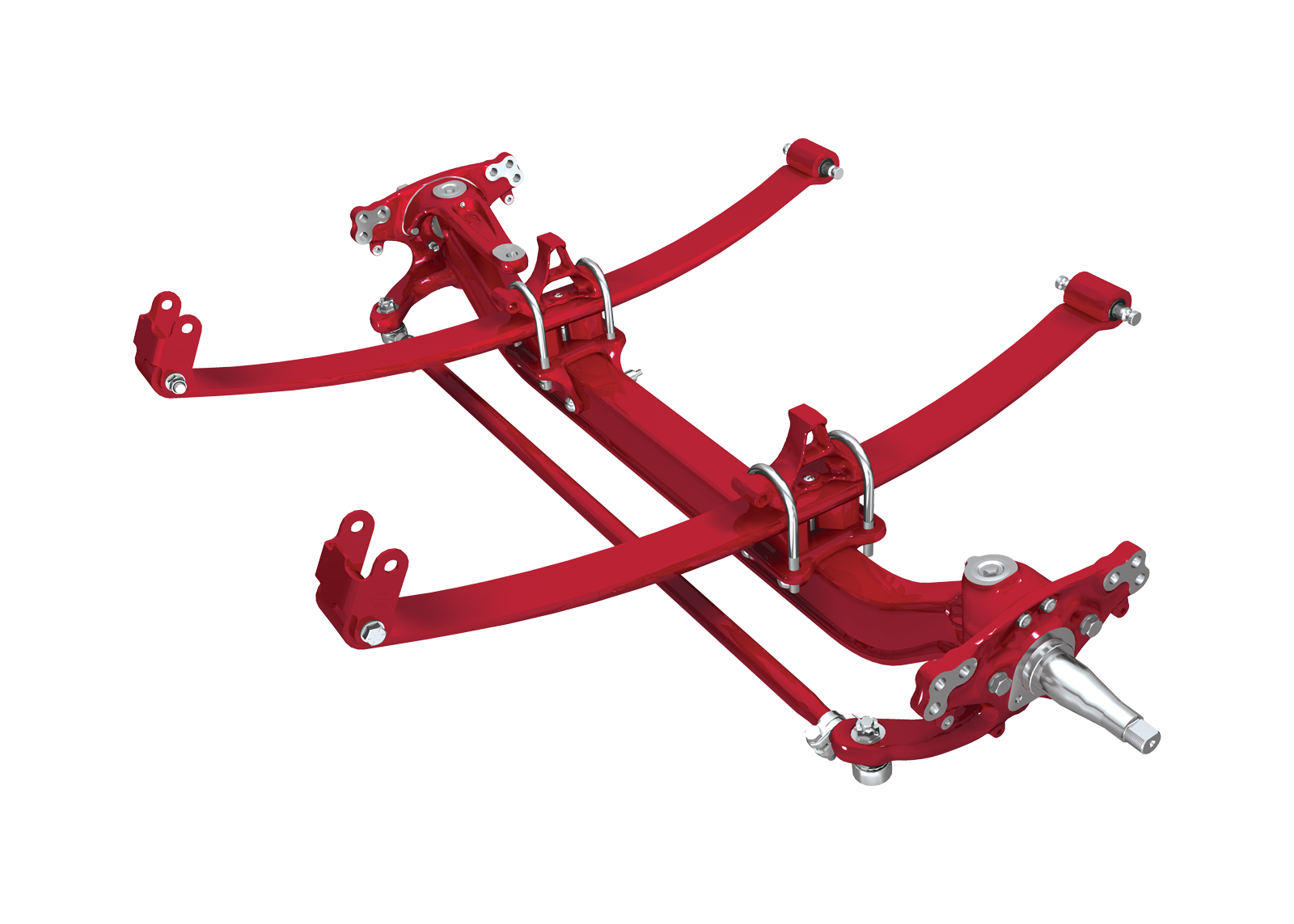Red heavy-duty suspension traction device with articulated arms and metal joints for automotive or industrial use