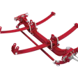 Red heavy-duty suspension traction device with articulated arms and metal joints for automotive or industrial use