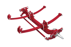 Red heavy-duty suspension traction device with articulated arms and metal joints for automotive or industrial use