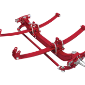 Red heavy-duty suspension traction device with articulated arms and metal joints for automotive or industrial use