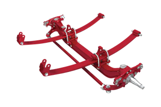 Red heavy-duty suspension traction device with articulated arms and metal joints for automotive or industrial use