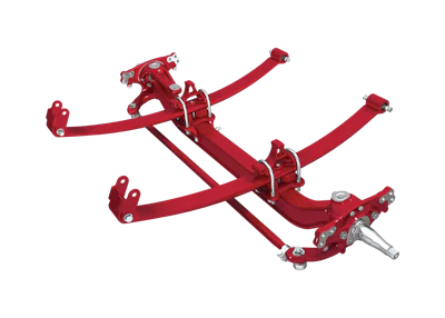 Red heavy-duty suspension traction device with articulated arms and metal joints for automotive or industrial use