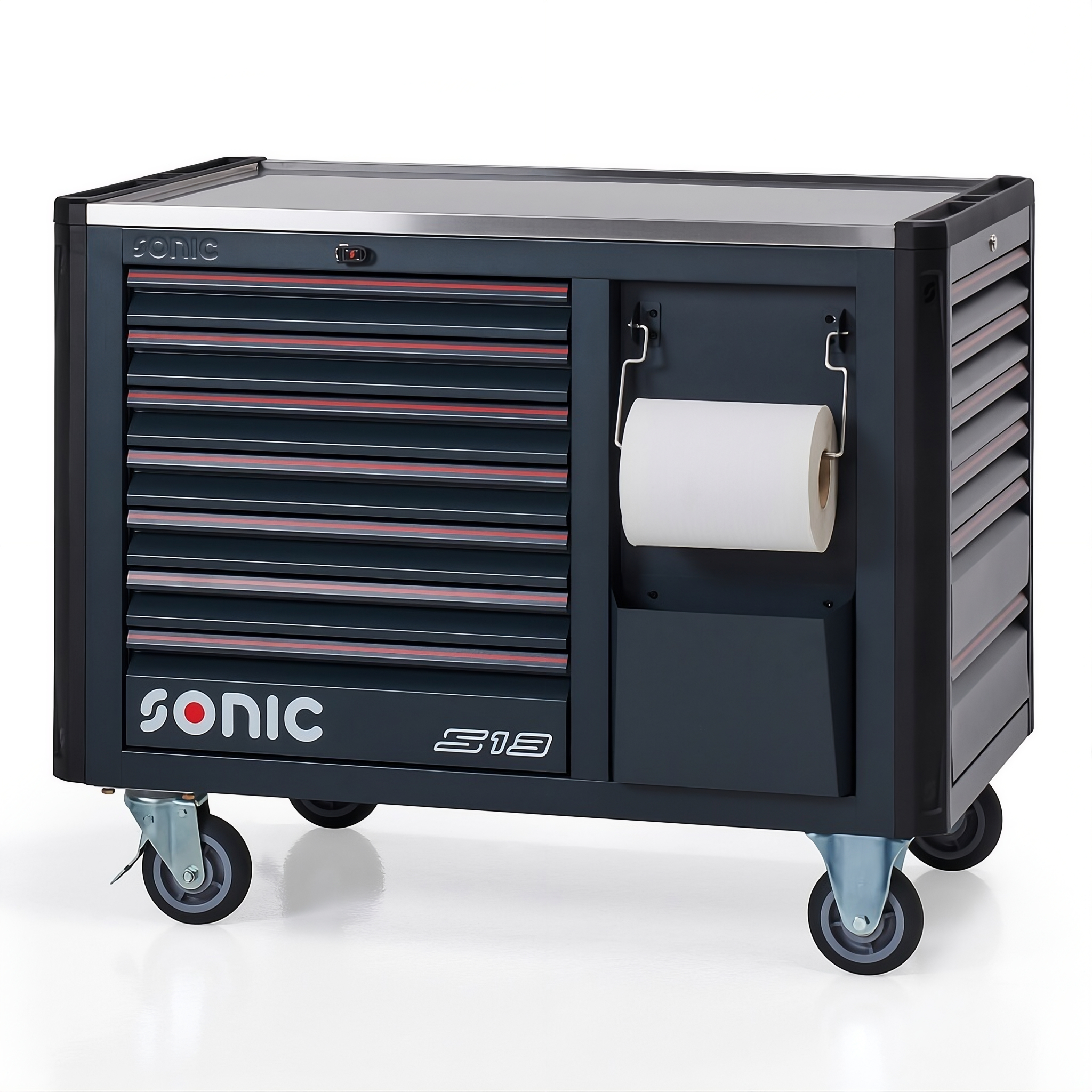 Sonic S13 black tool chest with multiple drawers, stainless steel top, and paper towel holder on wheels