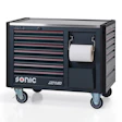 Sonic S13 black tool chest with multiple drawers, stainless steel top, and paper towel holder on wheels