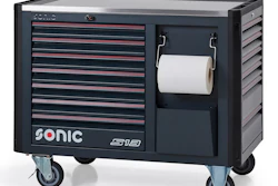 Sonic S13 black tool chest with multiple drawers, stainless steel top, and paper towel holder on wheels