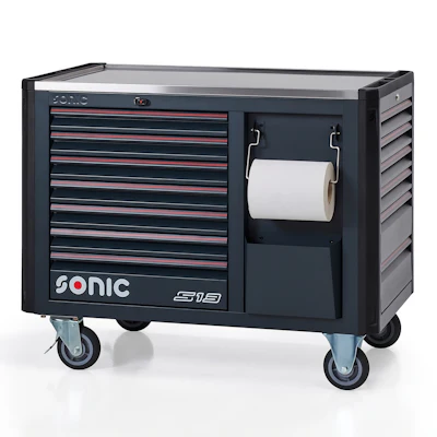 Sonic S13 black tool chest with multiple drawers, stainless steel top, and paper towel holder on wheels