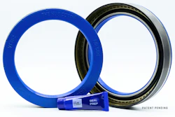 Blue and black industrial sealing rings with blue seal preparation label on white background