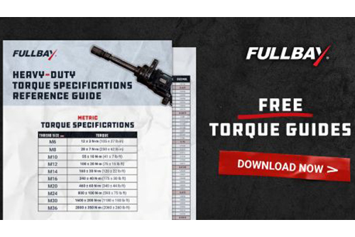 FULLBAY logo with free torque guides download promotion featuring heavy-duty specifications reference chart