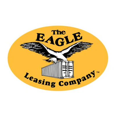 The Eagle Leasing Company logo featuring a black eagle with spread wings above a shipping container on gold background