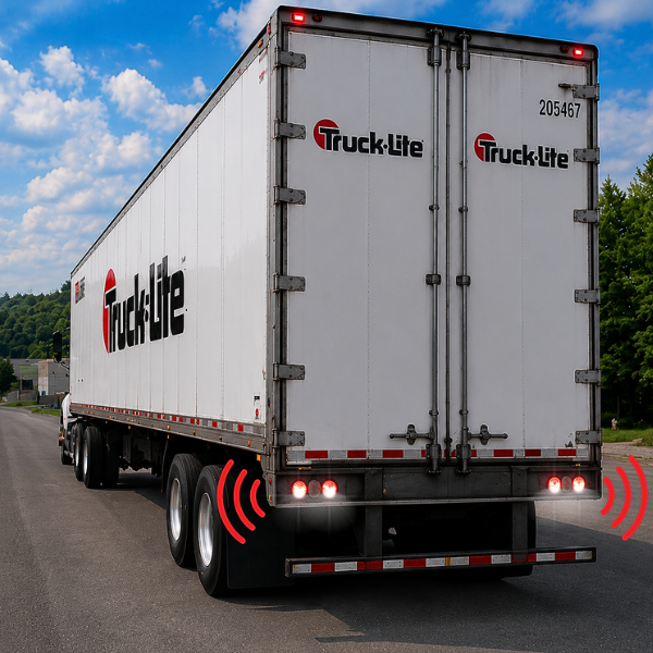 Truck Lite branded commercial delivery truck with red and white cargo box on highway