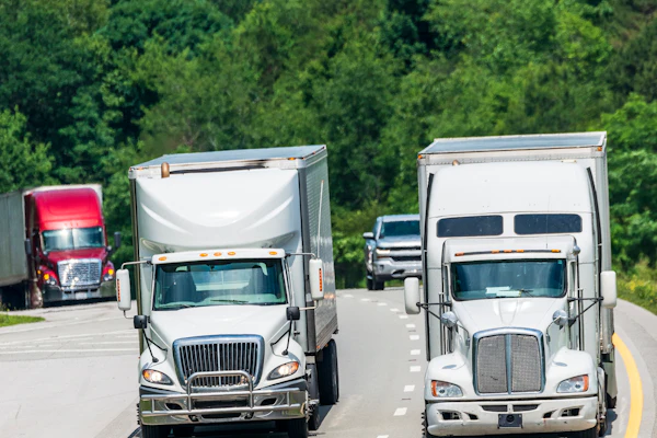 White commercial trucks driving on a multi-lane highway with dense green forest in the background